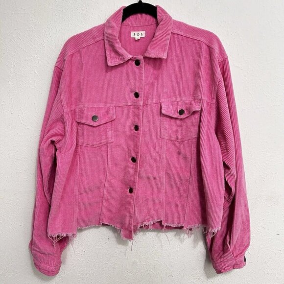 Pol Barbie Pink Wide Wale Corduroy Jacket Distressed Frayed Hem Size M Button Up - Picture 4 of 15